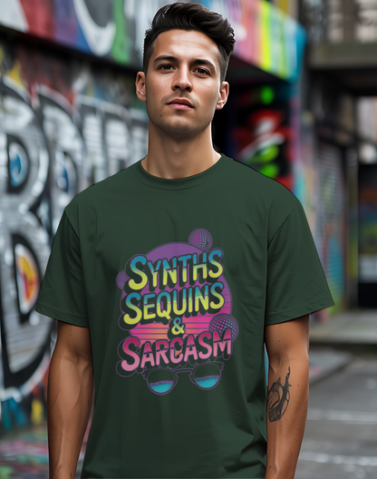 Synths Sequins  & Sarcasm Tee 🎧 80s Retro Sarcastic Music Shirt