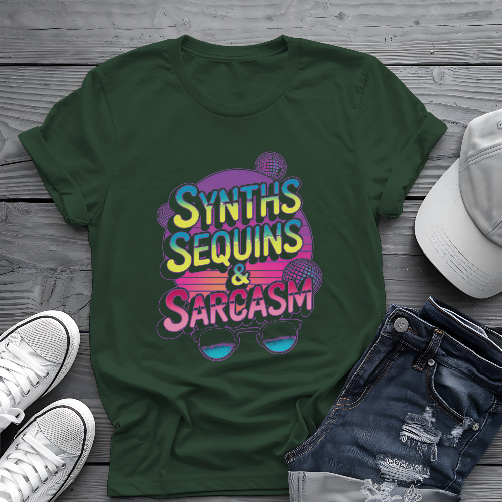 Synths Sequins  & Sarcasm Tee 🎧 80s Retro Sarcastic Music Shirt