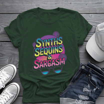 Synths Sequins  & Sarcasm Tee 🎧 80s Retro Sarcastic Music Shirt