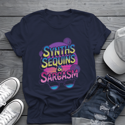 Synths Sequins  & Sarcasm Tee 🎧 80s Retro Sarcastic Music Shirt