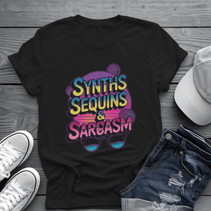 Synths Sequins  & Sarcasm Tee 🎧 80s Retro Sarcastic Music Shirt
