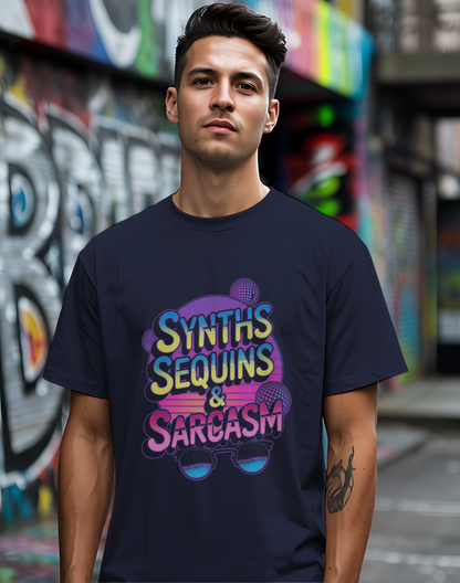 Synths Sequins  & Sarcasm Tee 🎧 80s Retro Sarcastic Music Shirt