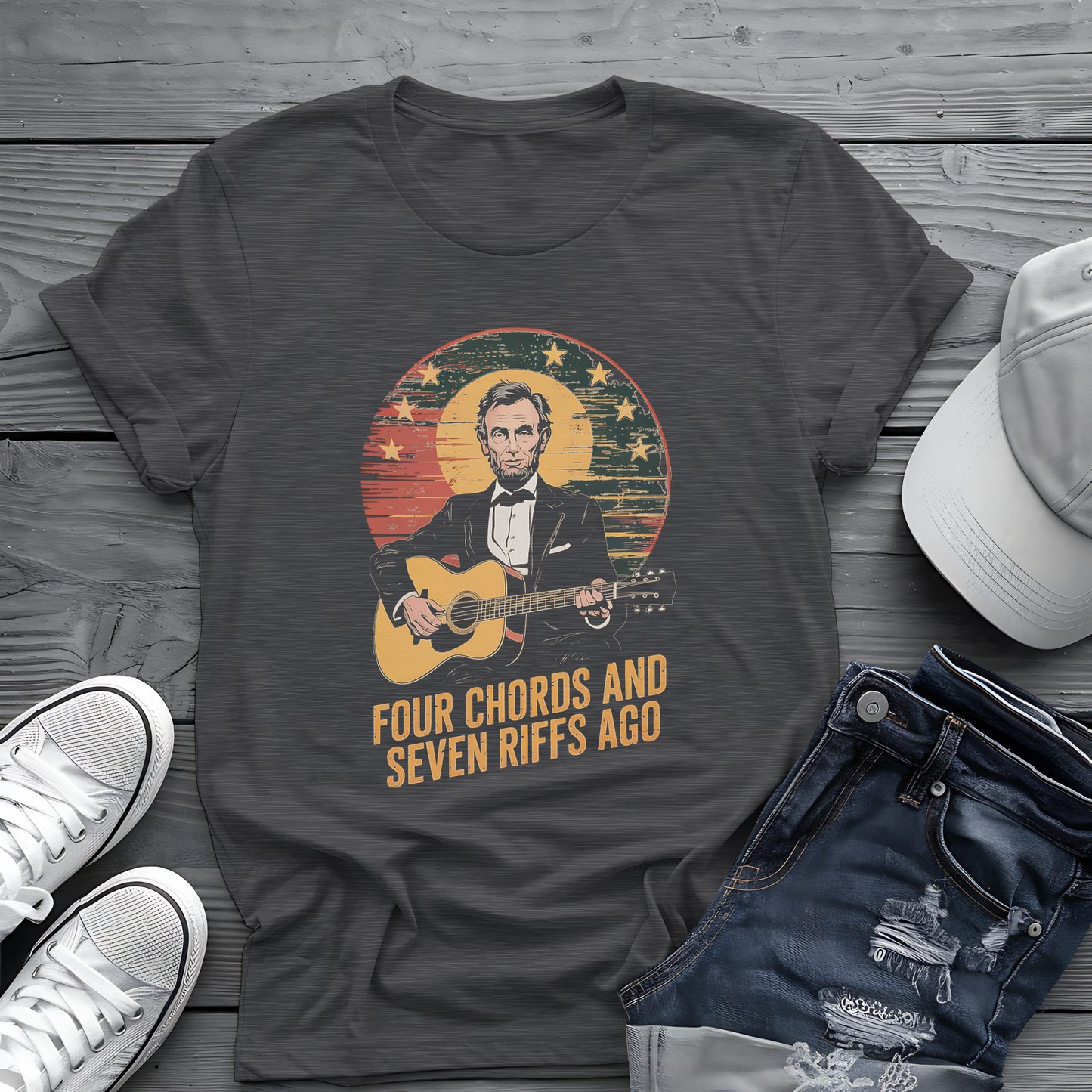 Lincoln Riffs Tee 🎸 Patriotic Guitar Shirt - 4th of July