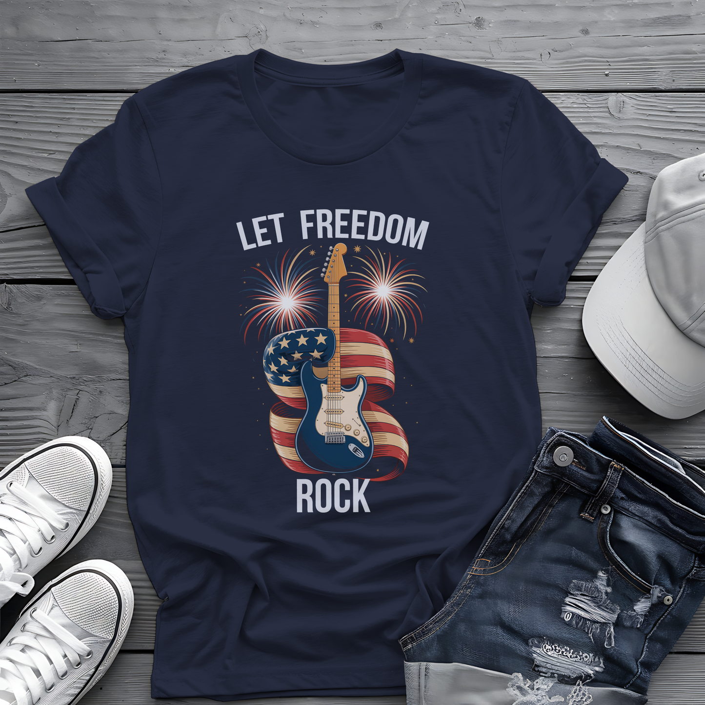 Let Freedom Rock Tee 🎸 Patriotic 4th of July Guitar Shirt - USA Flag