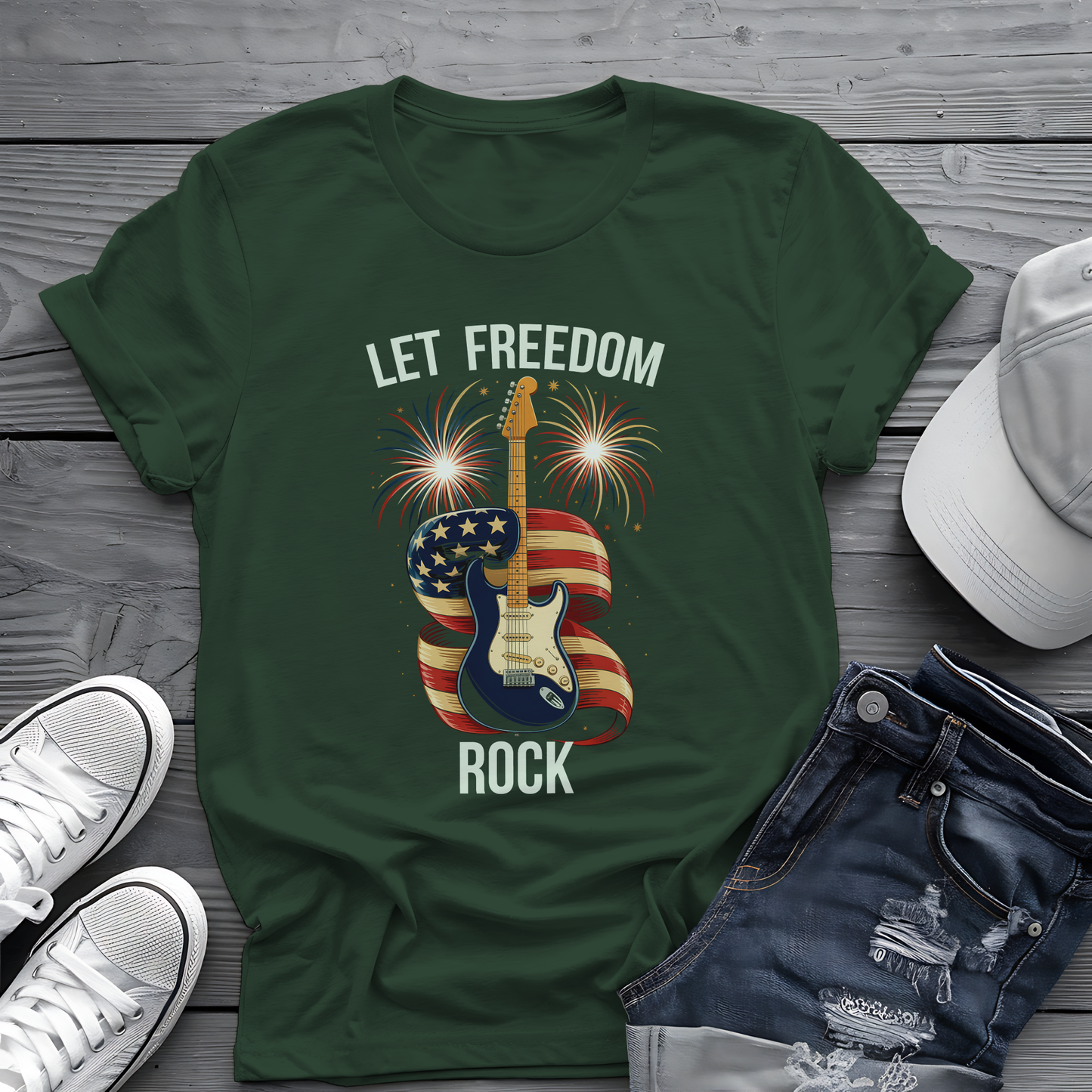 Let Freedom Rock Tee 🎸 Patriotic 4th of July Guitar Shirt - USA Flag