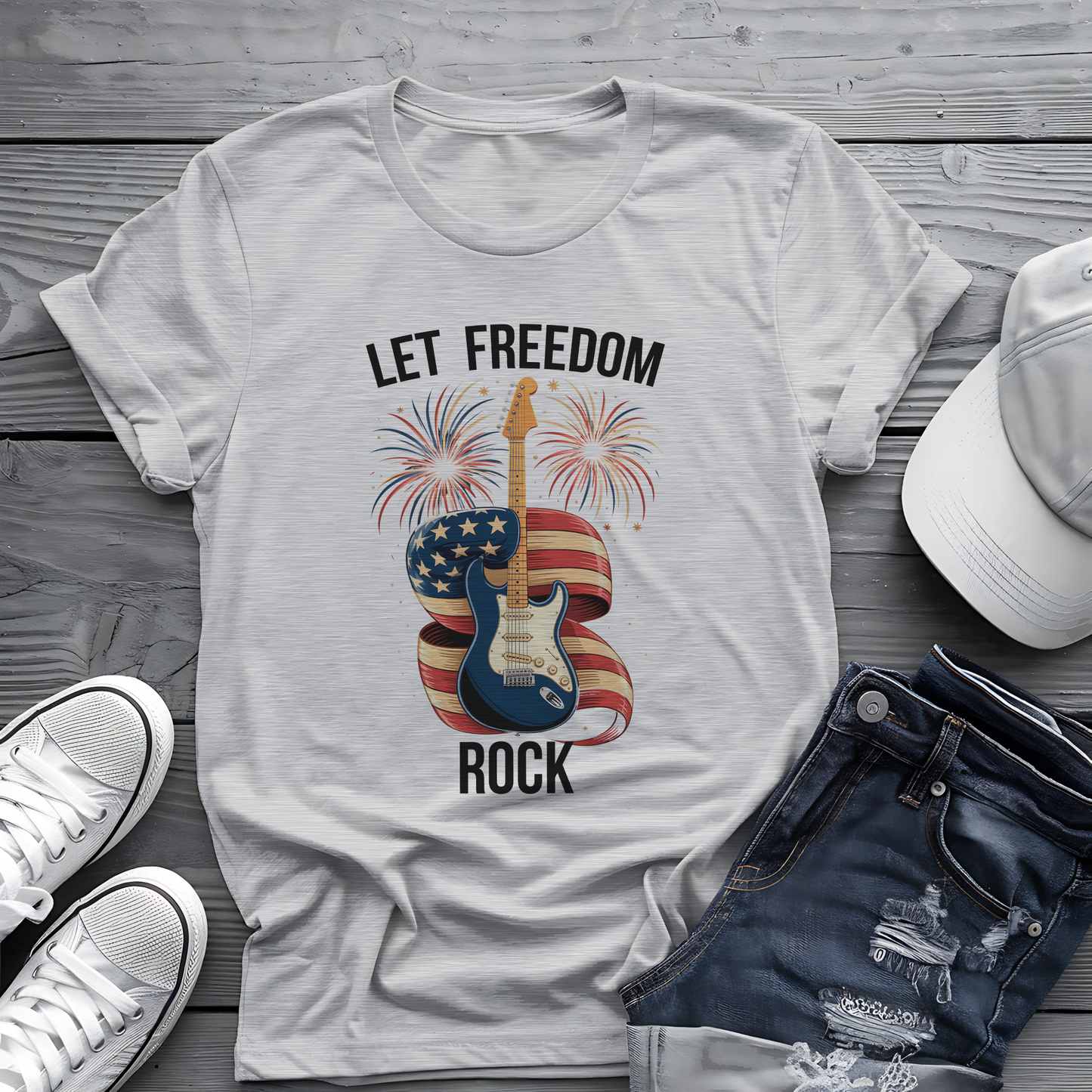Let Freedom Rock Tee 🎸 Patriotic 4th of July Guitar Shirt - USA Flag