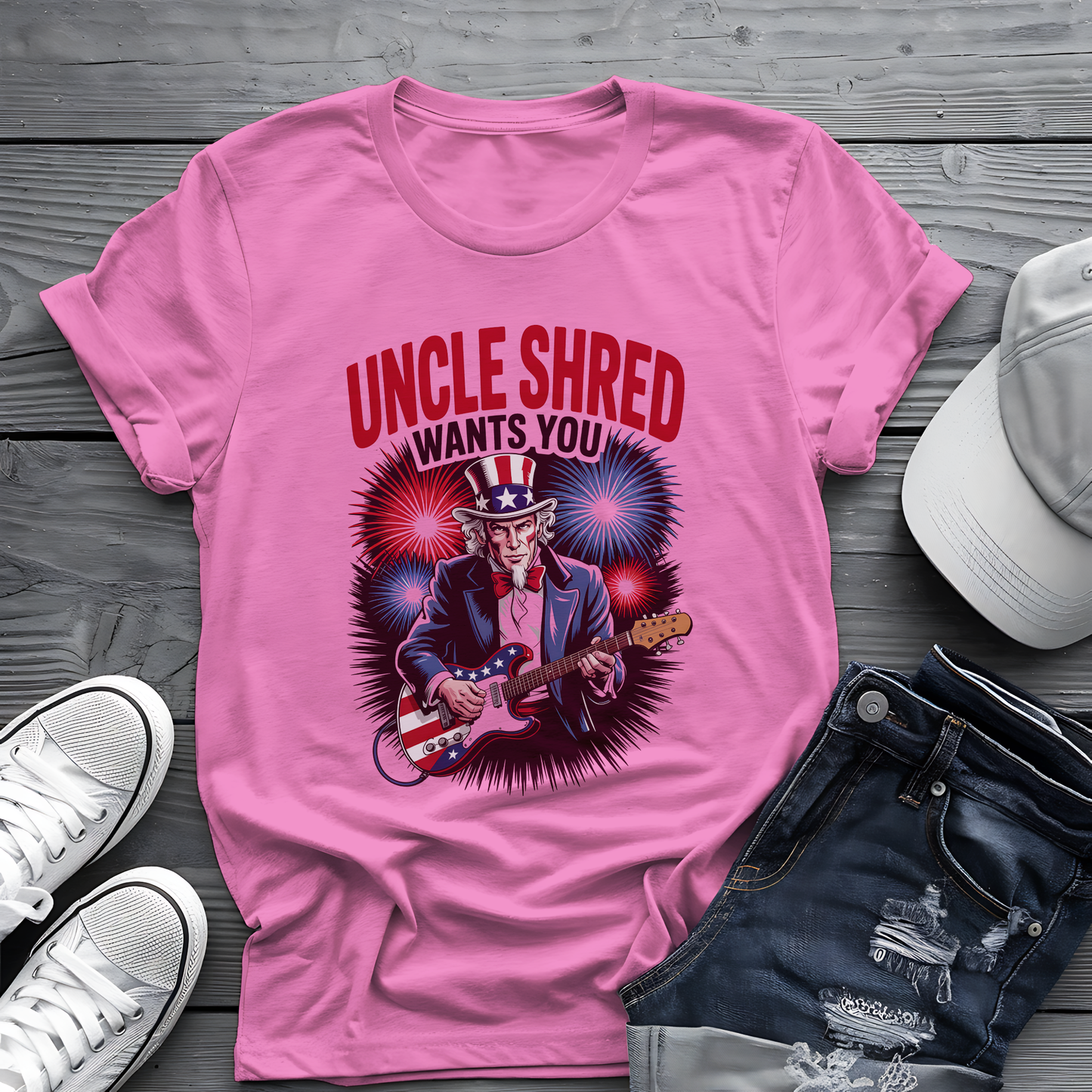 Uncle Shred Tee 🎸 Patriotic 4th of July Guitar Shirt - American Rock