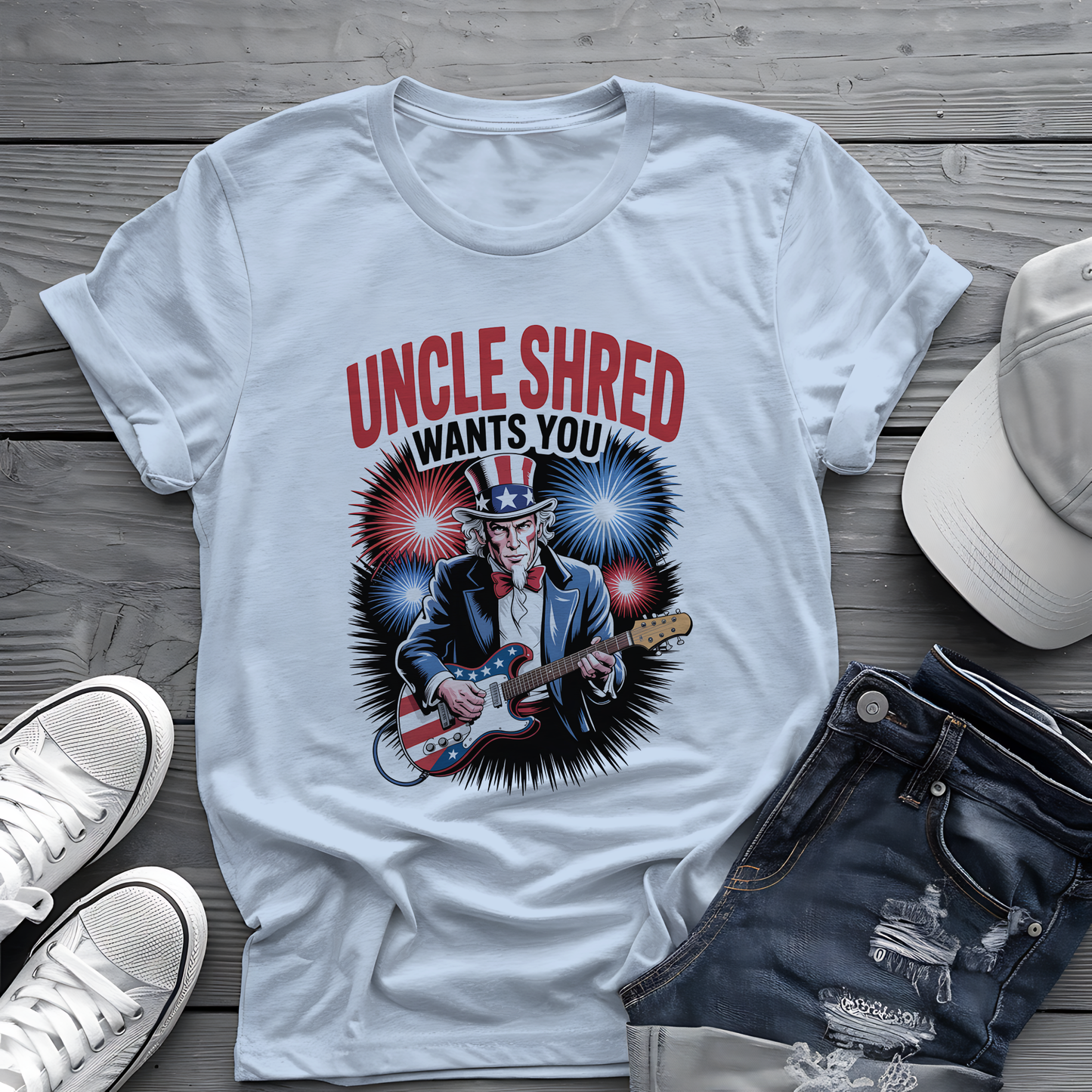 Uncle Shred Tee 🎸 Patriotic 4th of July Guitar Shirt - American Rock