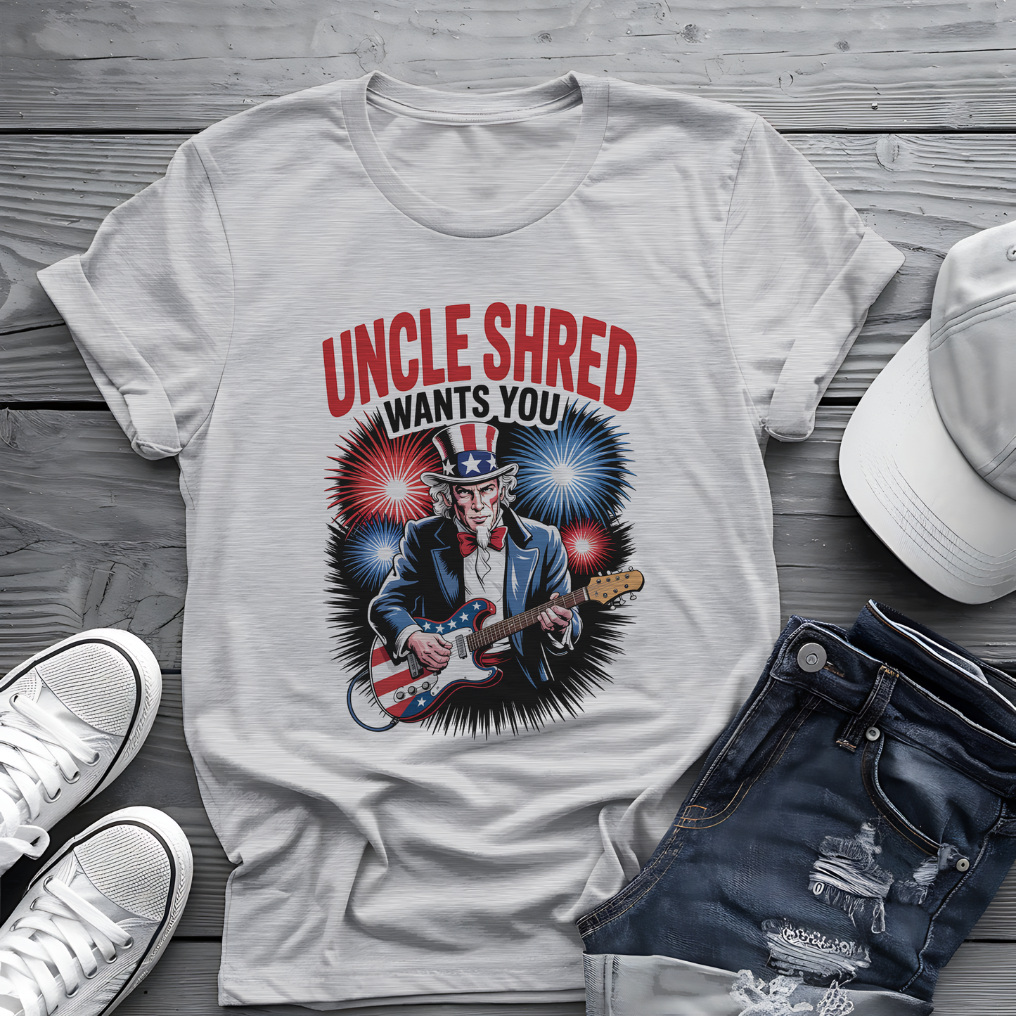 Uncle Shred Tee 🎸 Patriotic 4th of July Guitar Shirt - American Rock