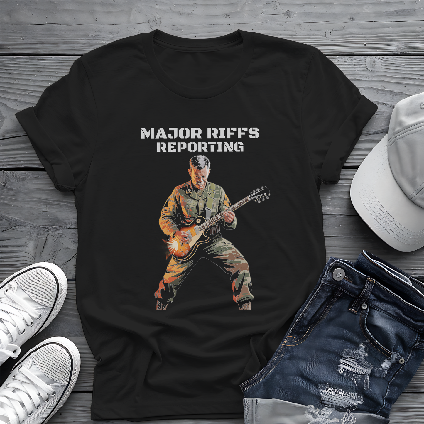 Major Riffs Reporting Tee 🎸 Military Guitar Shirt - Army Rocker Gift