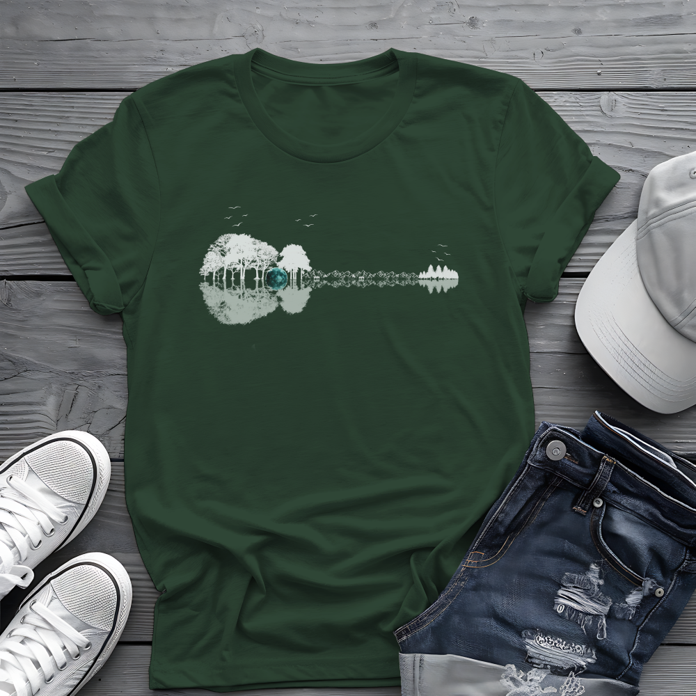 Guitar Forest Reflection T-Shirt – Nature Lover Music Tee for Guitarists