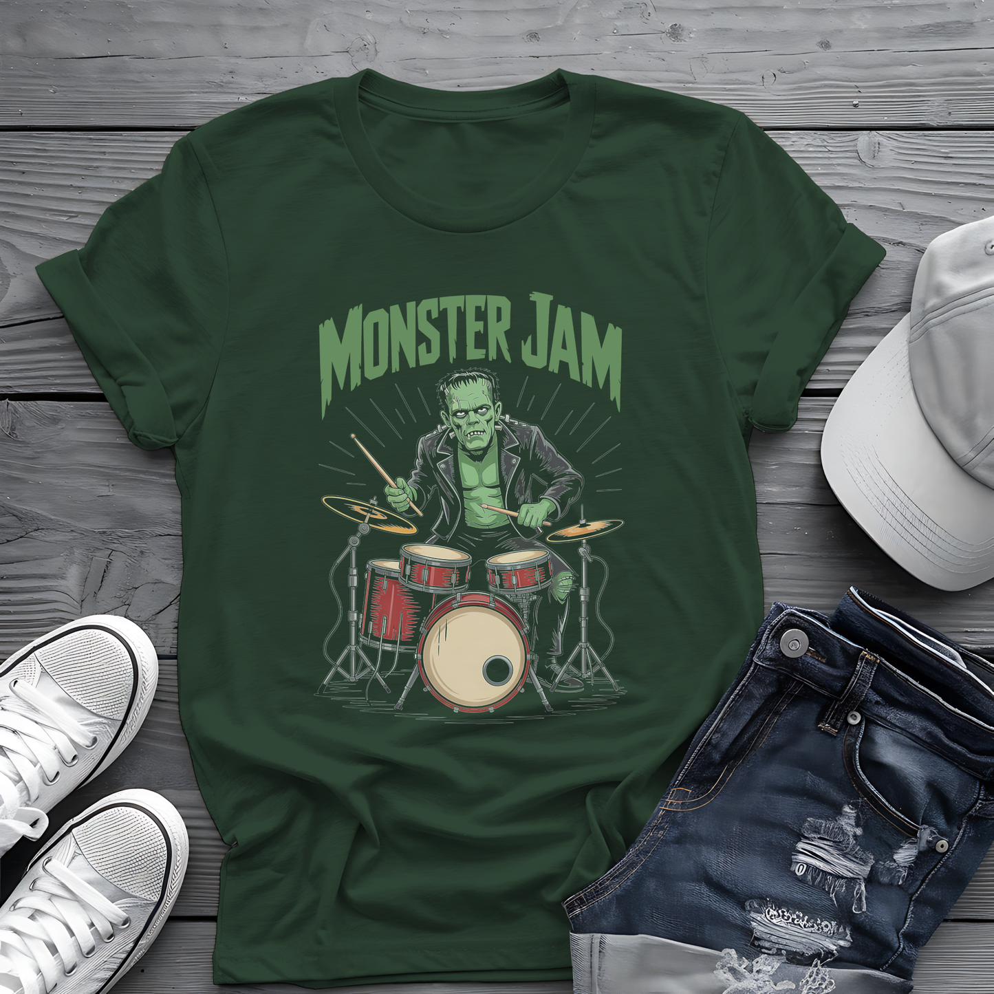 Monster Jam Frankenstein Tee 🥁 Spooky Halloween Drummer Shirt