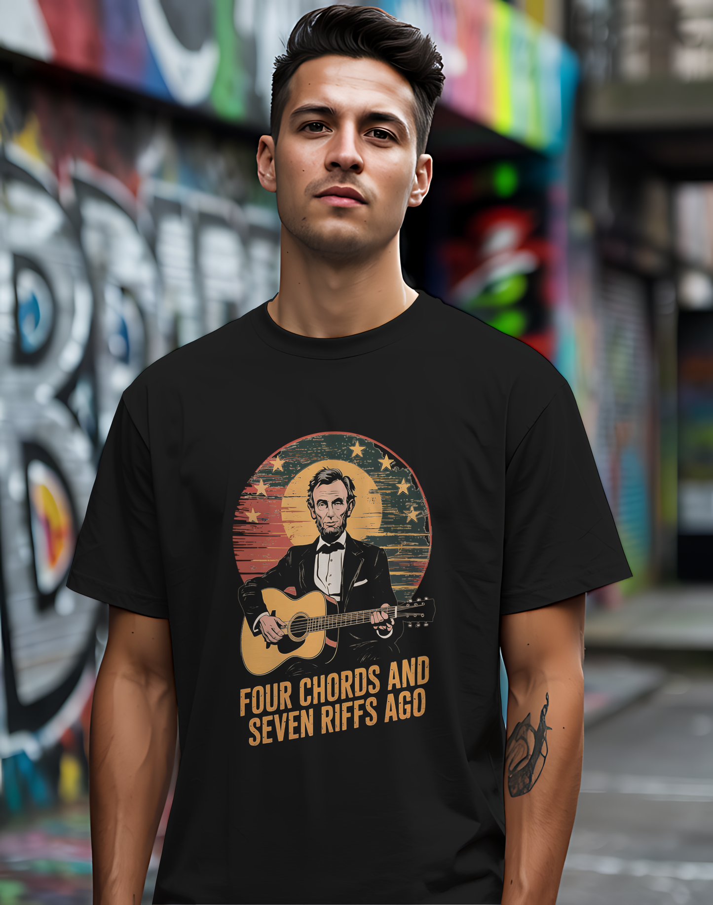 Lincoln Riffs Tee 🎸 Patriotic Guitar Shirt - 4th of July