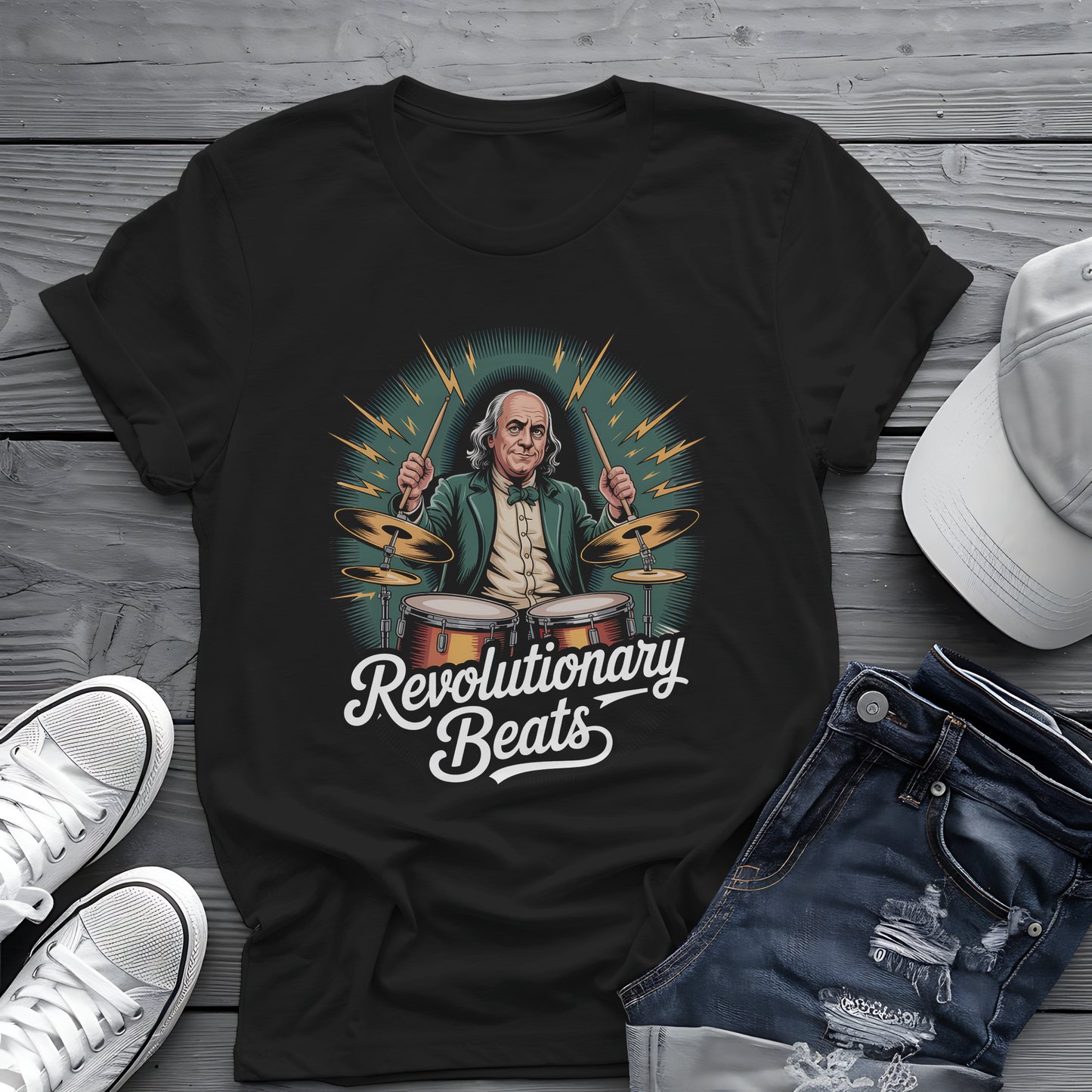 Revolutionary Beats Tee ⚡️ Ben Franklin Drummer Shirt - Patriotic Music Gift