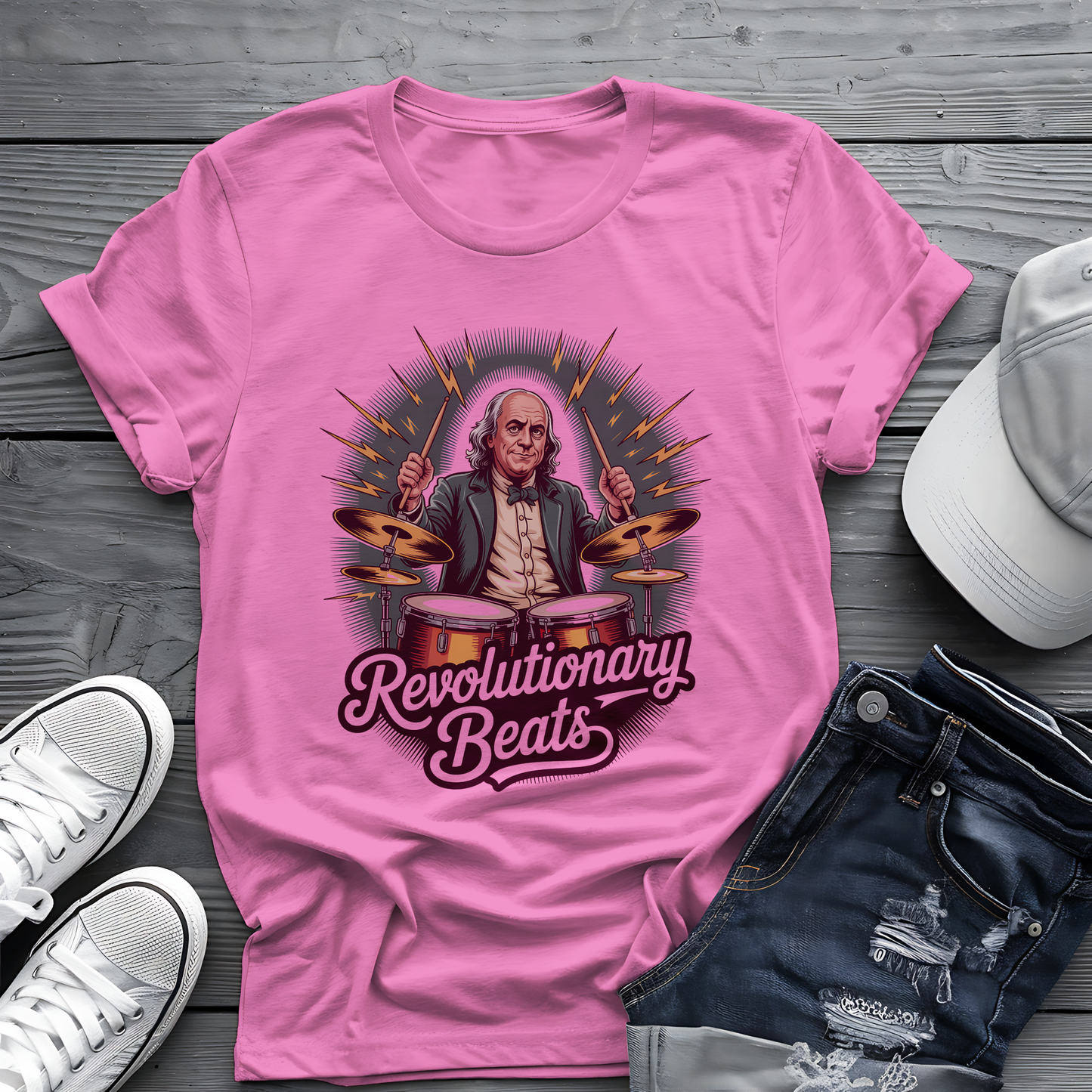 Revolutionary Beats Tee ⚡️ Ben Franklin Drummer Shirt - Patriotic Music Gift