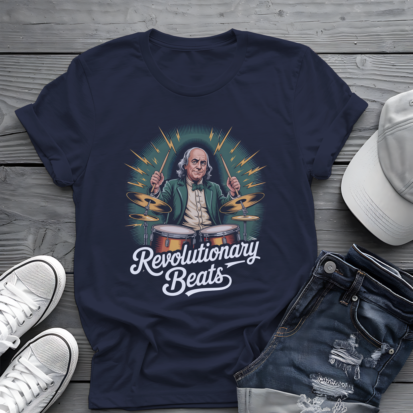 Revolutionary Beats Tee ⚡️ Ben Franklin Drummer Shirt - Patriotic Music Gift
