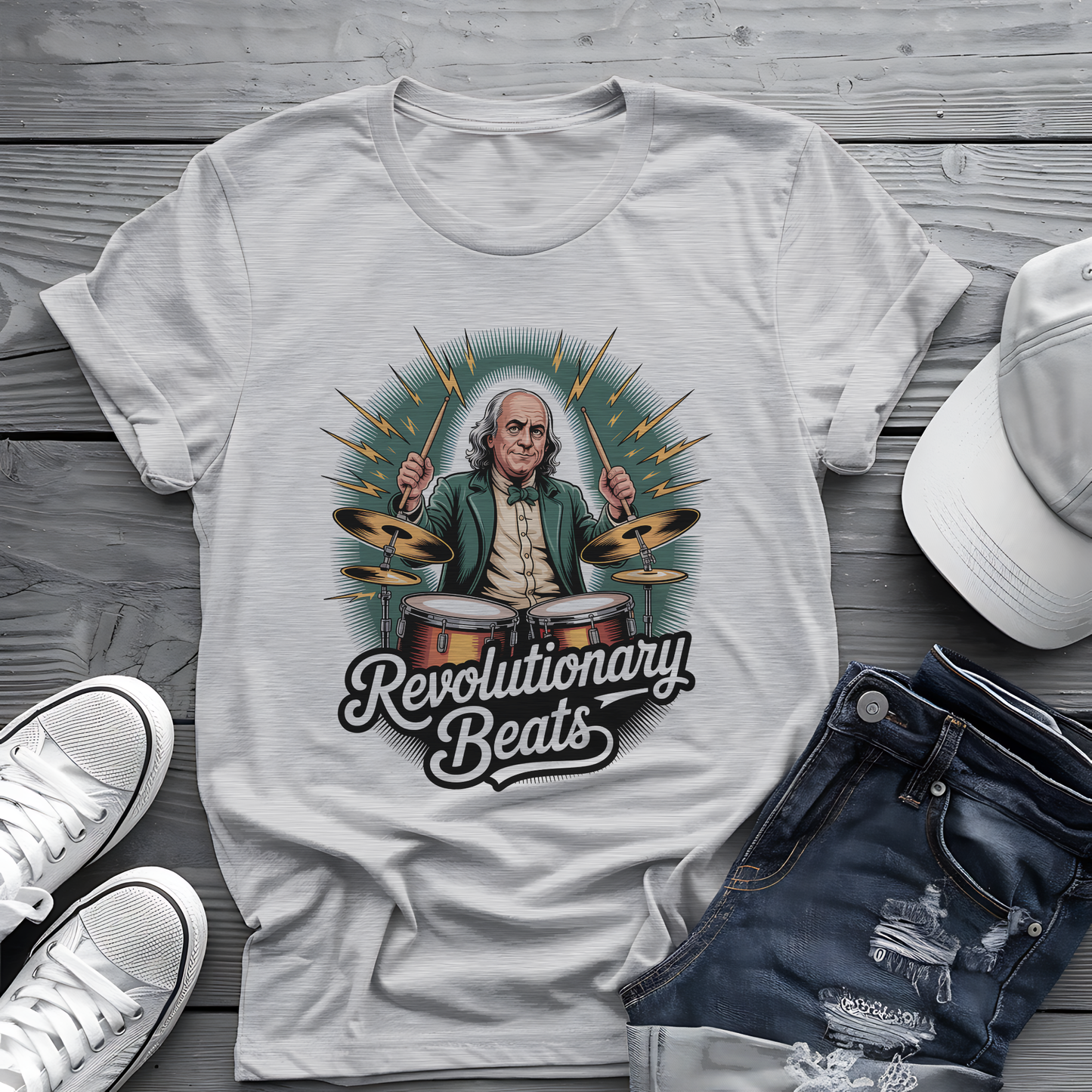 Revolutionary Beats Tee ⚡️ Ben Franklin Drummer Shirt - Patriotic Music Gift