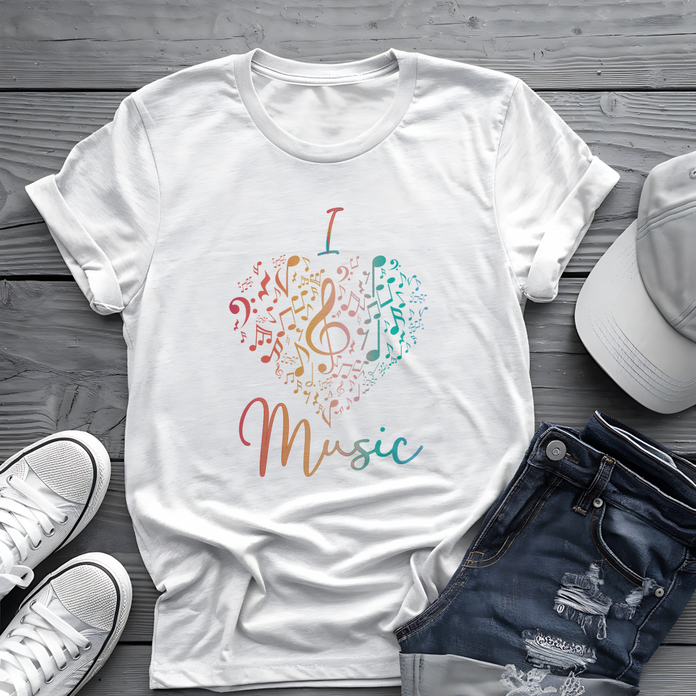 I Love Music Tee 🎶 Colorful Note Heart Shirt - Music Lover Gift