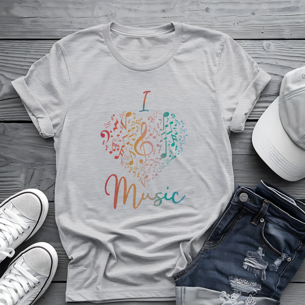 I Love Music Tee 🎶 Colorful Note Heart Shirt - Music Lover Gift