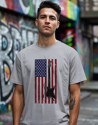 American Flag Guitar Tee 🎸 Patriotic Music Shirt - USA Guitarist Gift