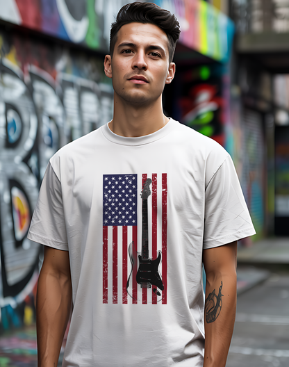 American Flag Guitar Tee 🎸 Patriotic Music Shirt - USA Guitarist Gift
