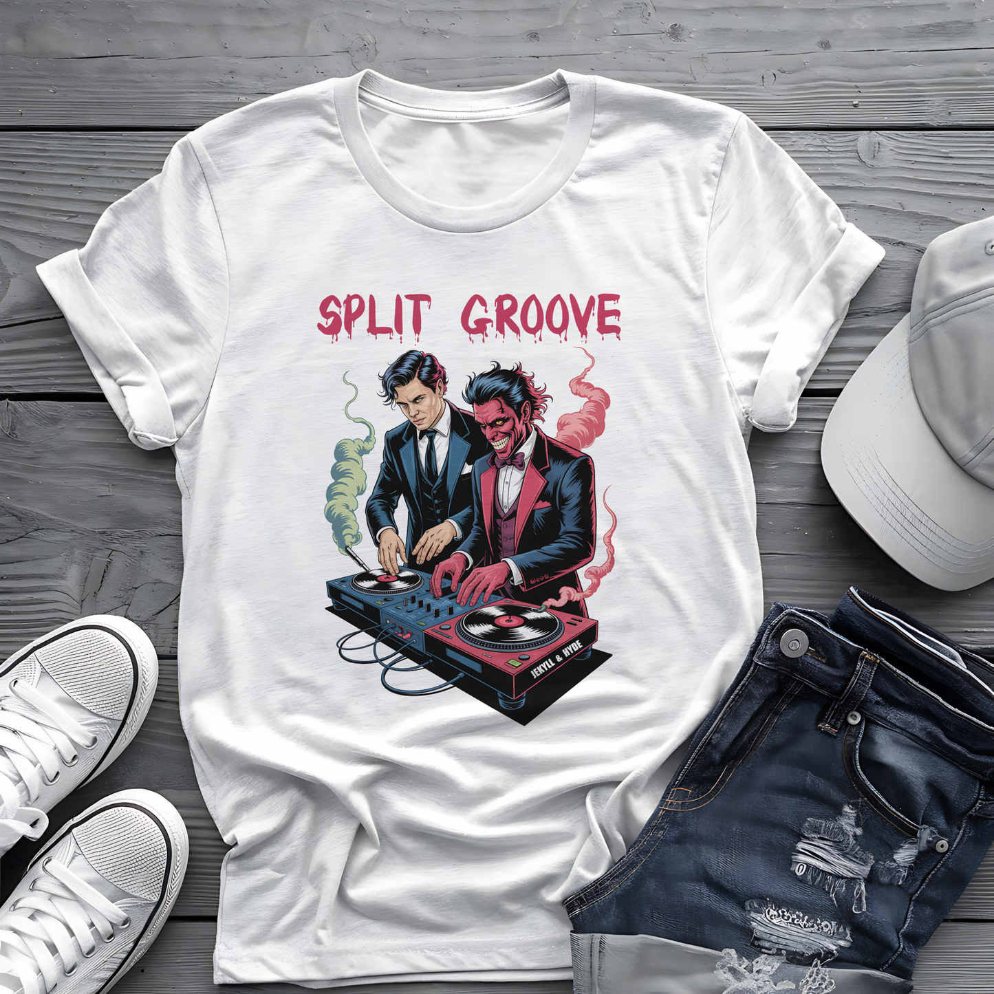 Split Groove Tee 🎧 Jekyll & Hyde DJ Shirt - Spooky Music
