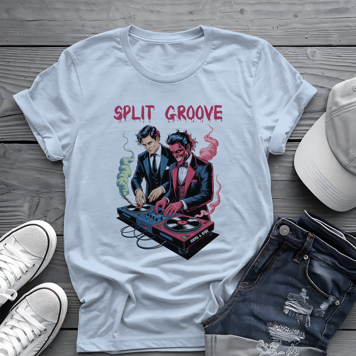 Split Groove Tee 🎧 Jekyll & Hyde DJ Shirt - Spooky Music