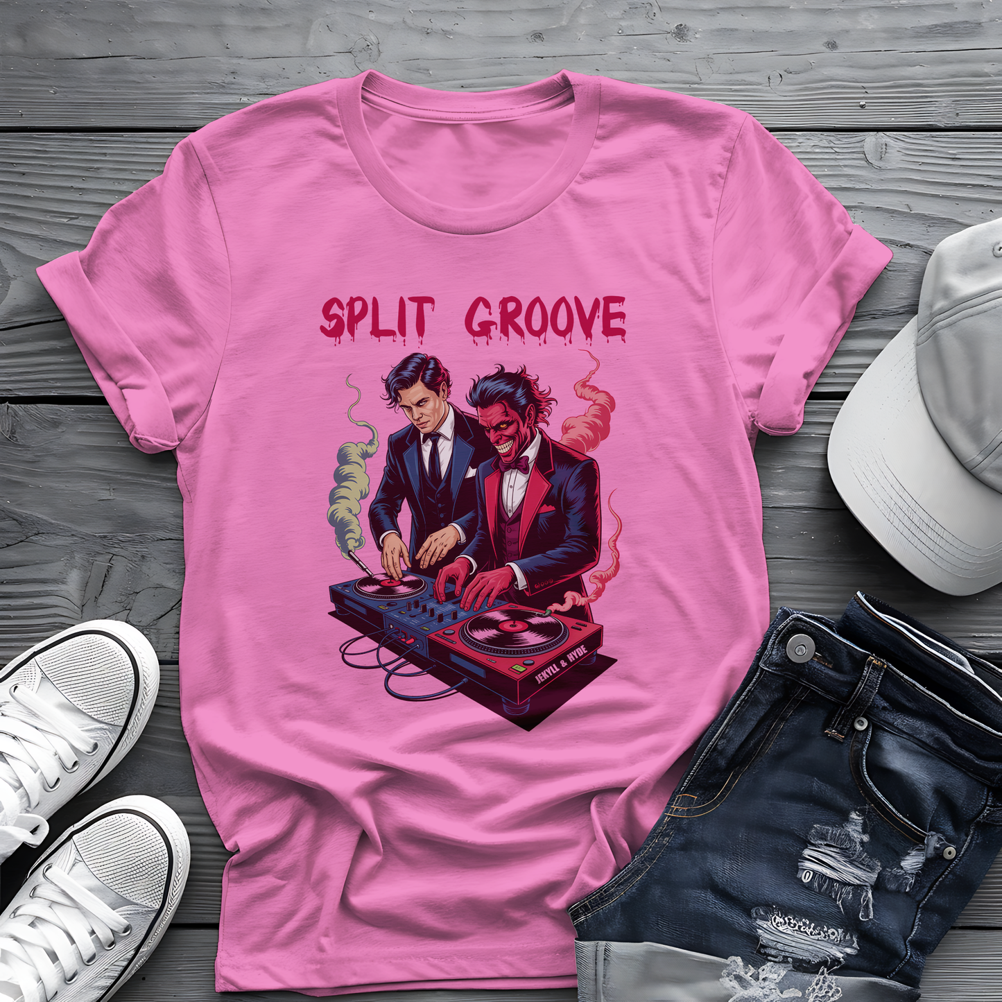 Split Groove Tee 🎧 Jekyll & Hyde DJ Shirt - Spooky Music