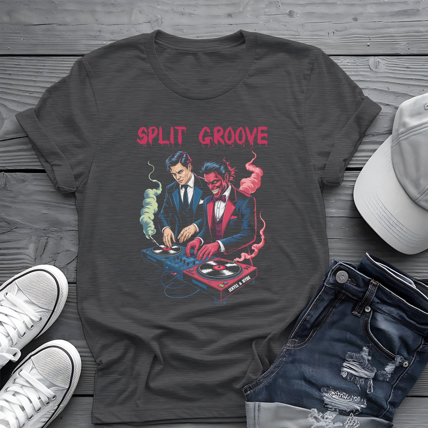 Split Groove Tee 🎧 Jekyll & Hyde DJ Shirt - Spooky Music