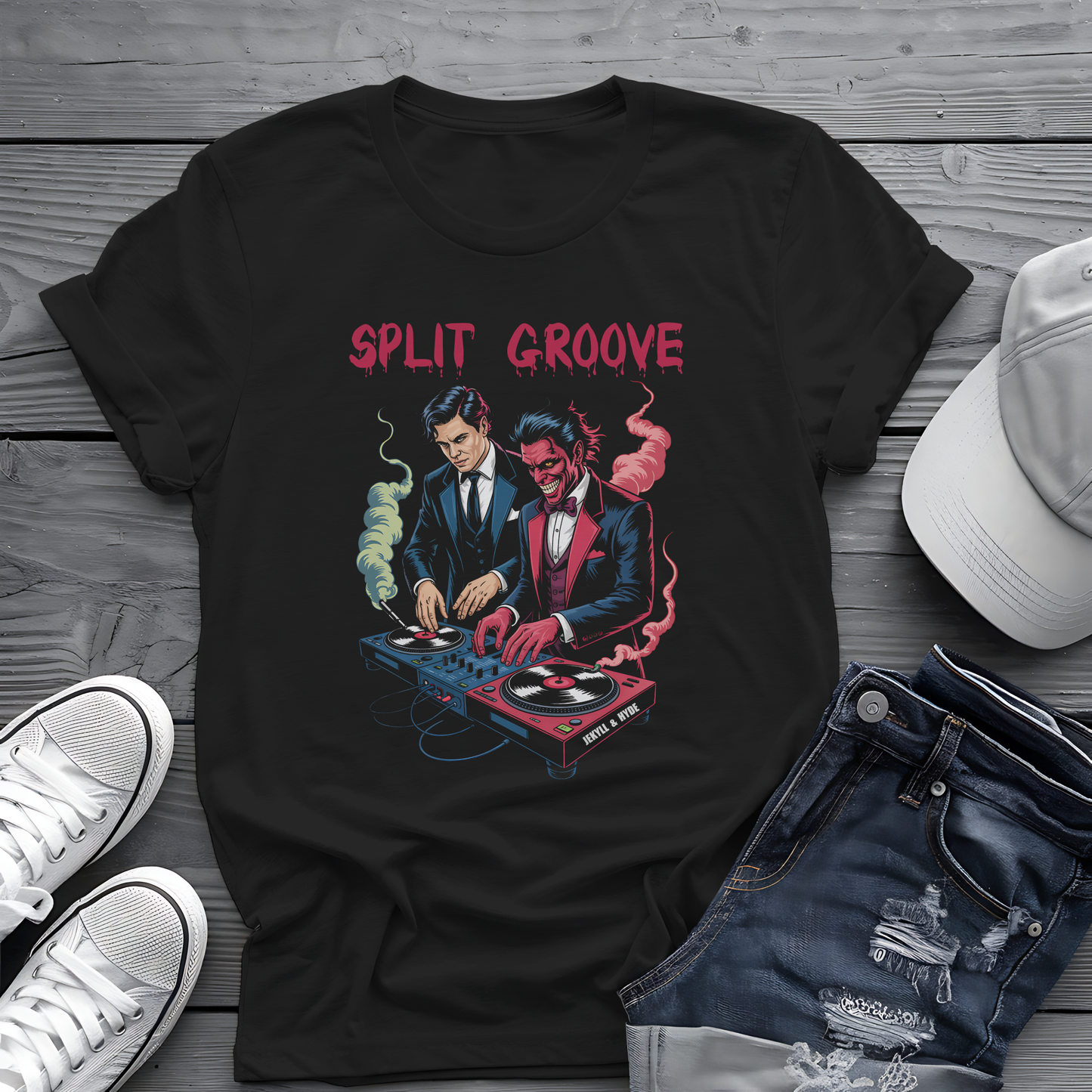 Split Groove Tee 🎧 Jekyll & Hyde DJ Shirt - Spooky Music