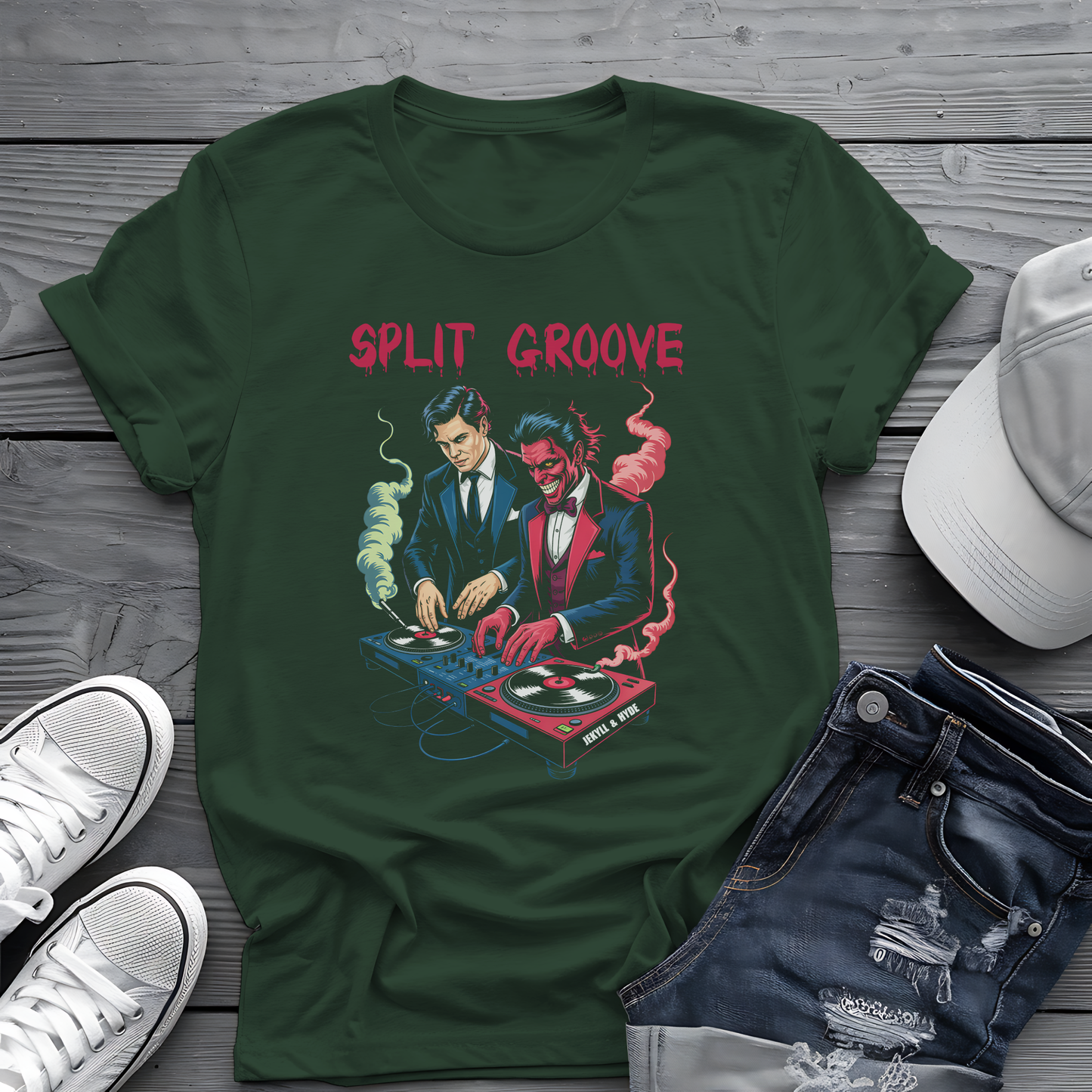 Split Groove Tee 🎧 Jekyll & Hyde DJ Shirt - Spooky Music