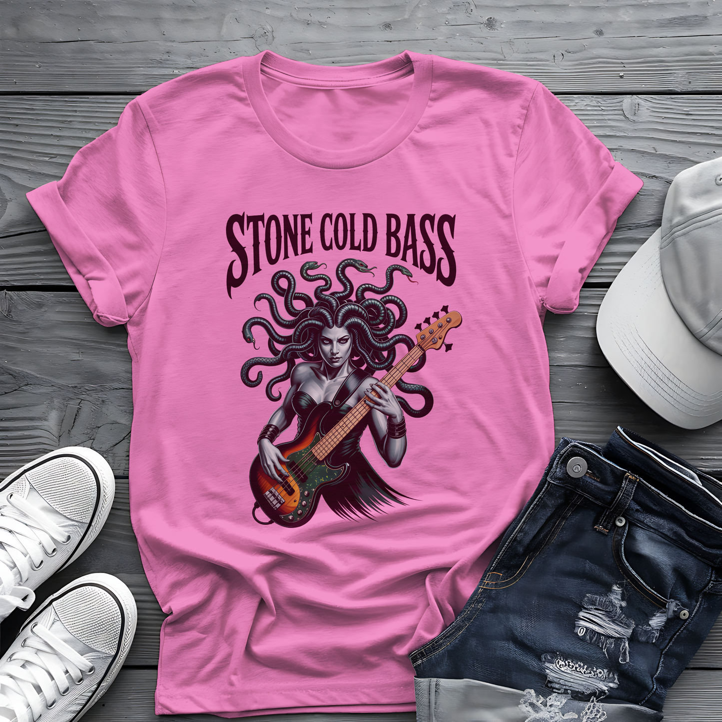 Stone Cold Bass Tee 🐍 Medusa Bassist Shirt - Spooky Music Gift