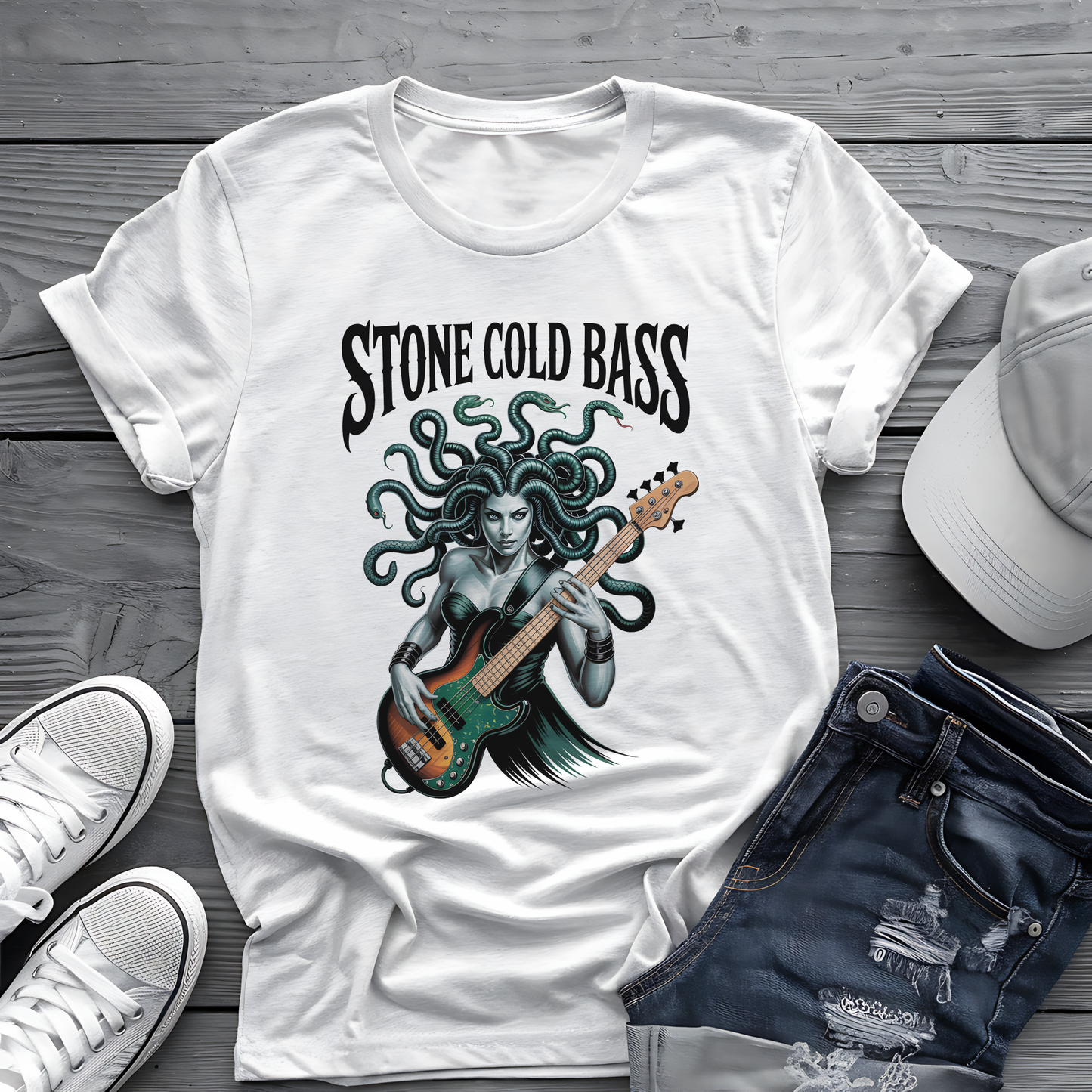 Stone Cold Bass Tee 🐍 Medusa Bassist Shirt - Spooky Music Gift