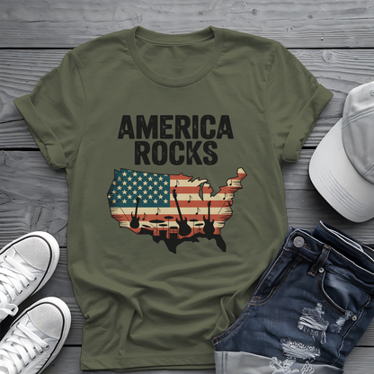 America Rocks Tee 🇺🇸 Patriotic Music 4th of July Shirt - USA Map
