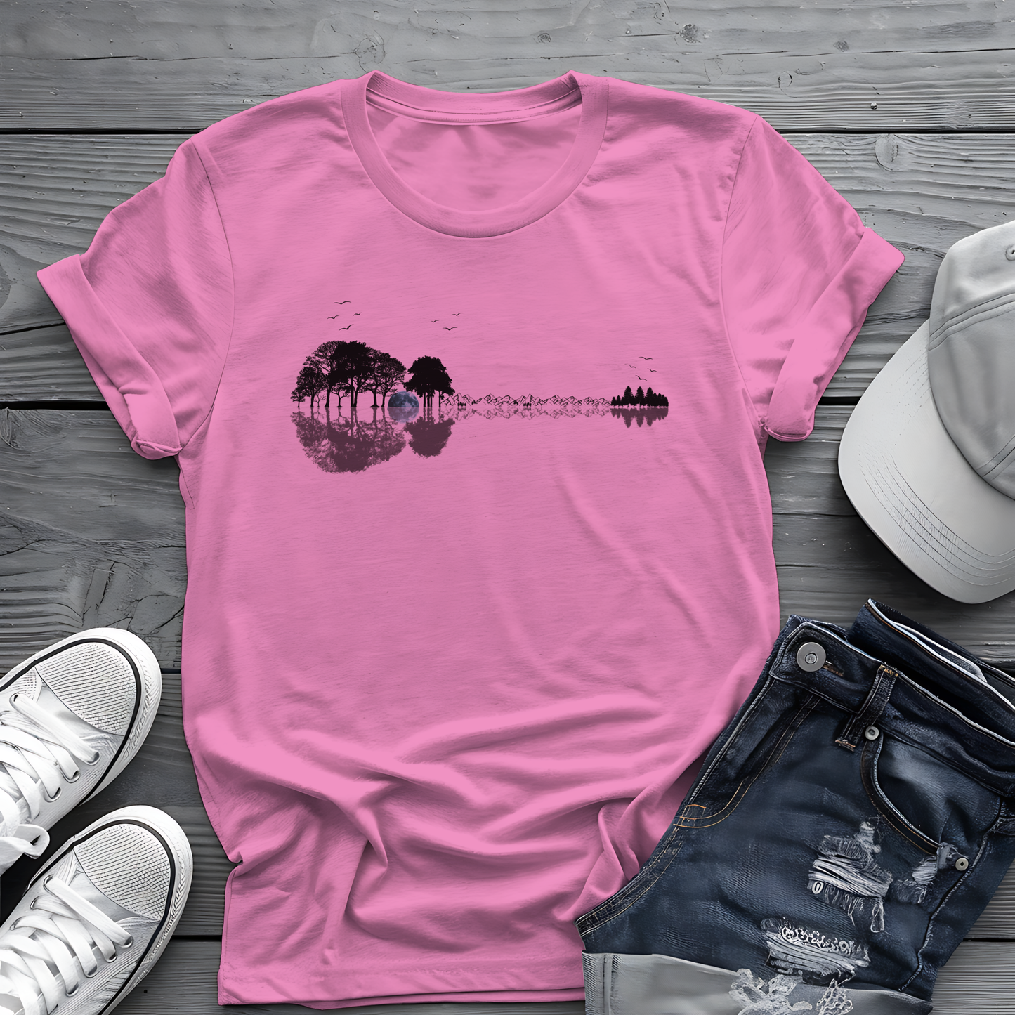 Guitar Forest Reflection T-Shirt – Nature Lover Music Tee for Guitarists