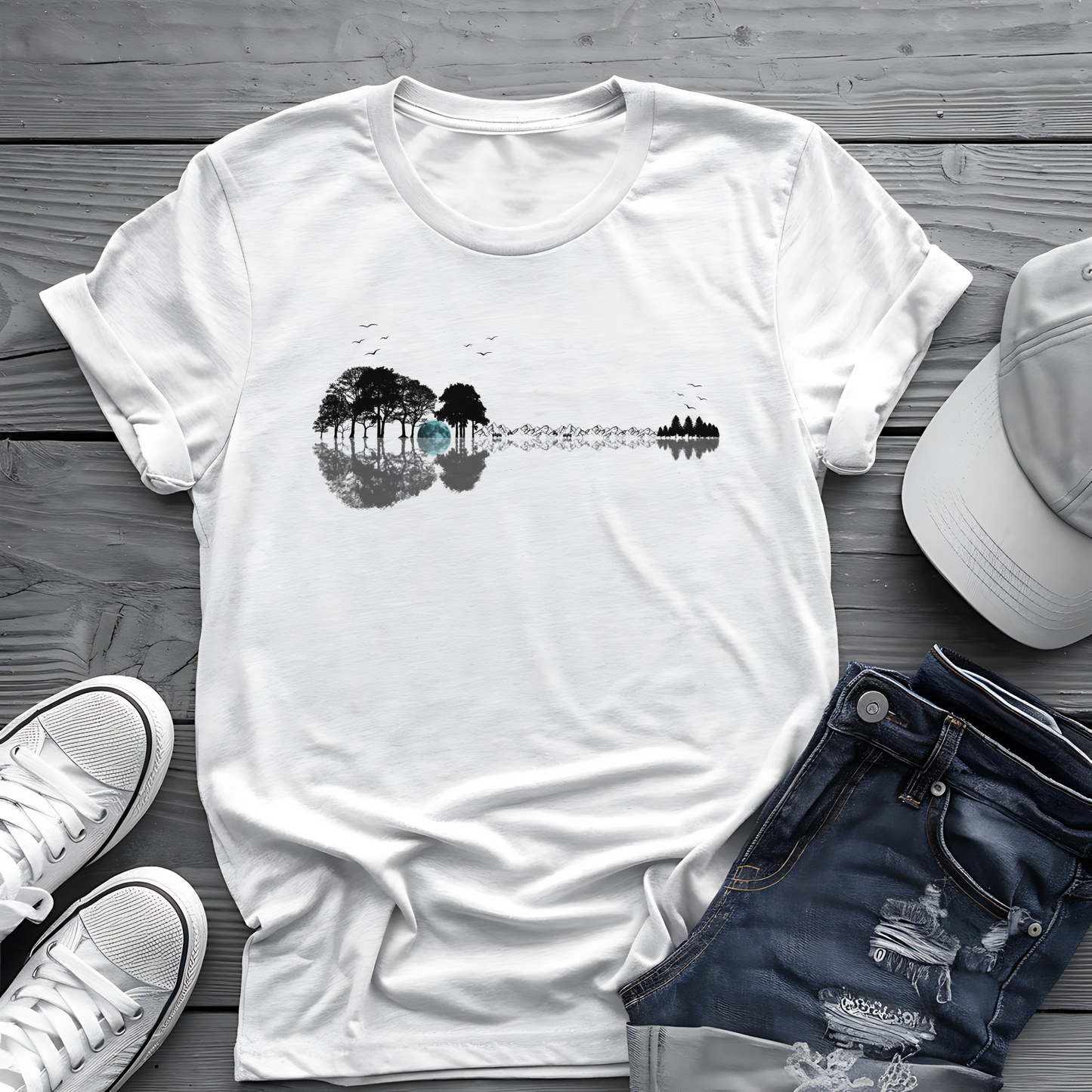 Guitar Forest Reflection T-Shirt – Nature Lover Music Tee for Guitarists