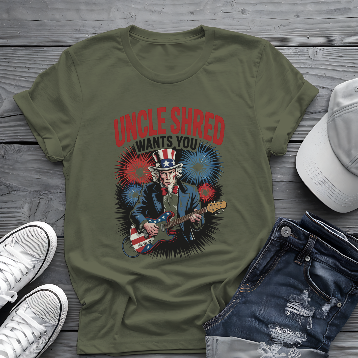 Uncle Shred Tee 🎸 Patriotic 4th of July Guitar Shirt - American Rock